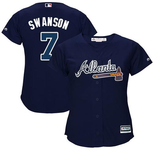 Braves #7 Dansby Swanson Navy Blue Alternate Women's Stitched MLB Jersey